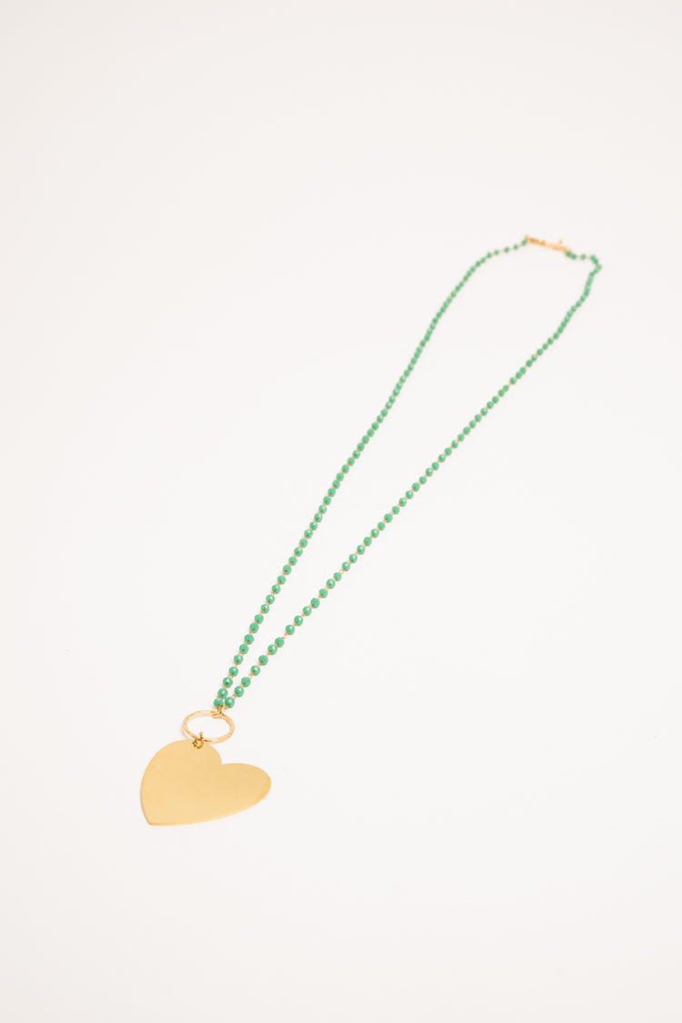 Golden heart pendant green beads necklace