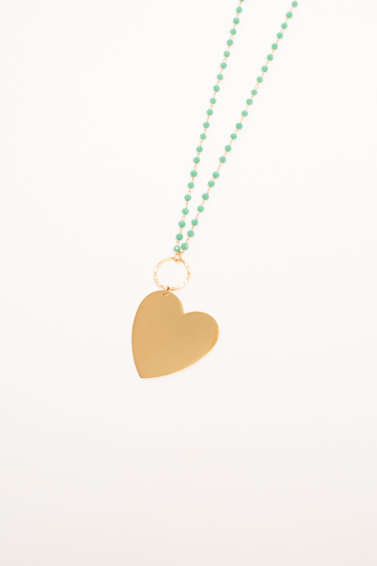 Golden heart pendant green beads necklace