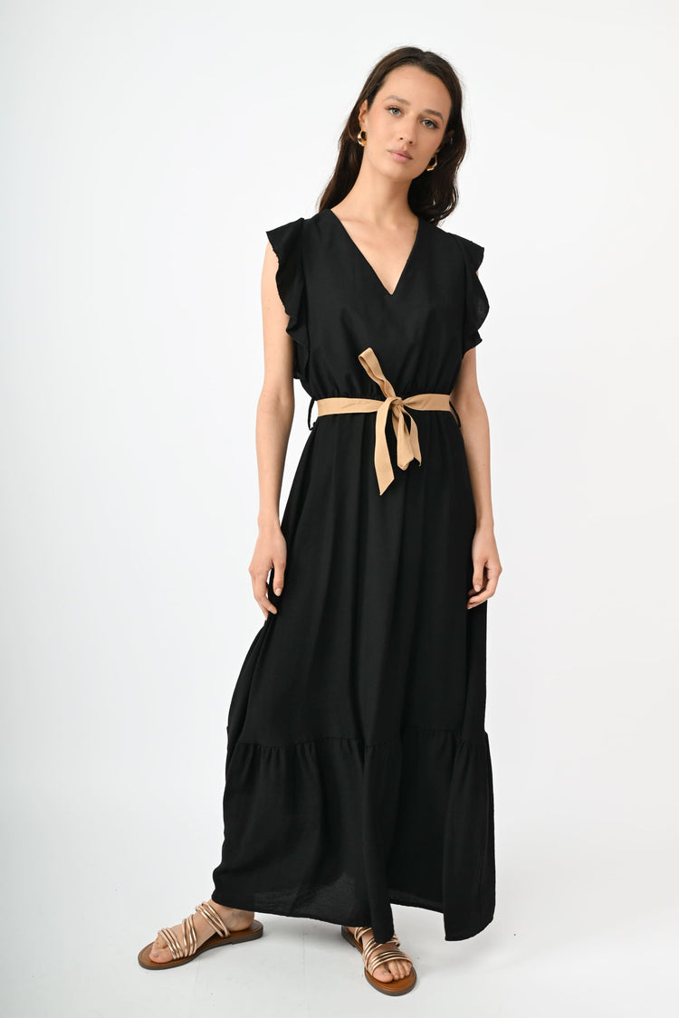 Belted viscose-blend long dress