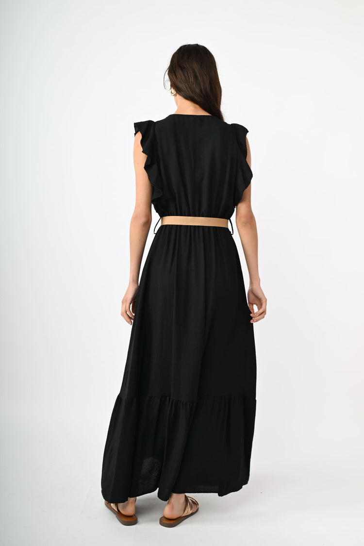 Belted viscose-blend long dress