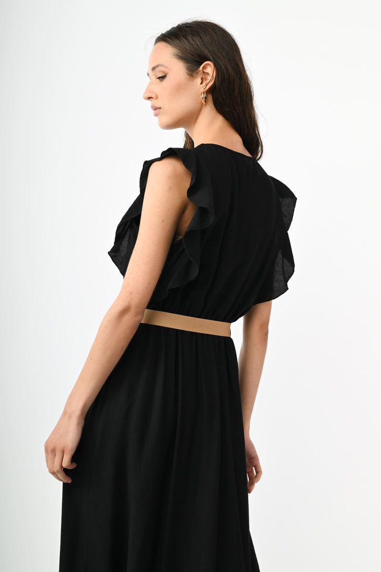 Belted viscose-blend long dress