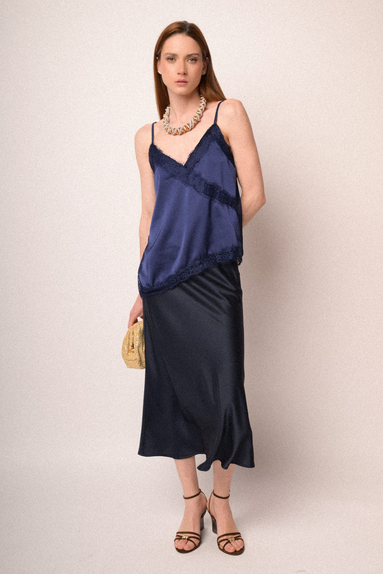 Blue satin midi skirt
