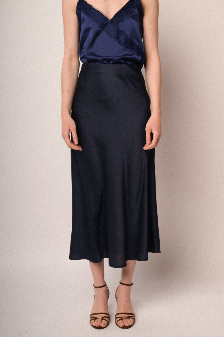 Blue satin midi skirt
