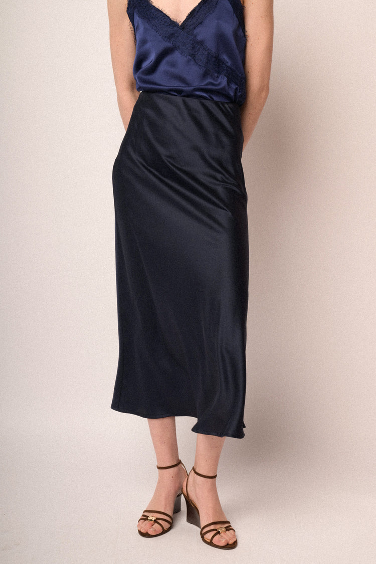 Blue satin midi skirt