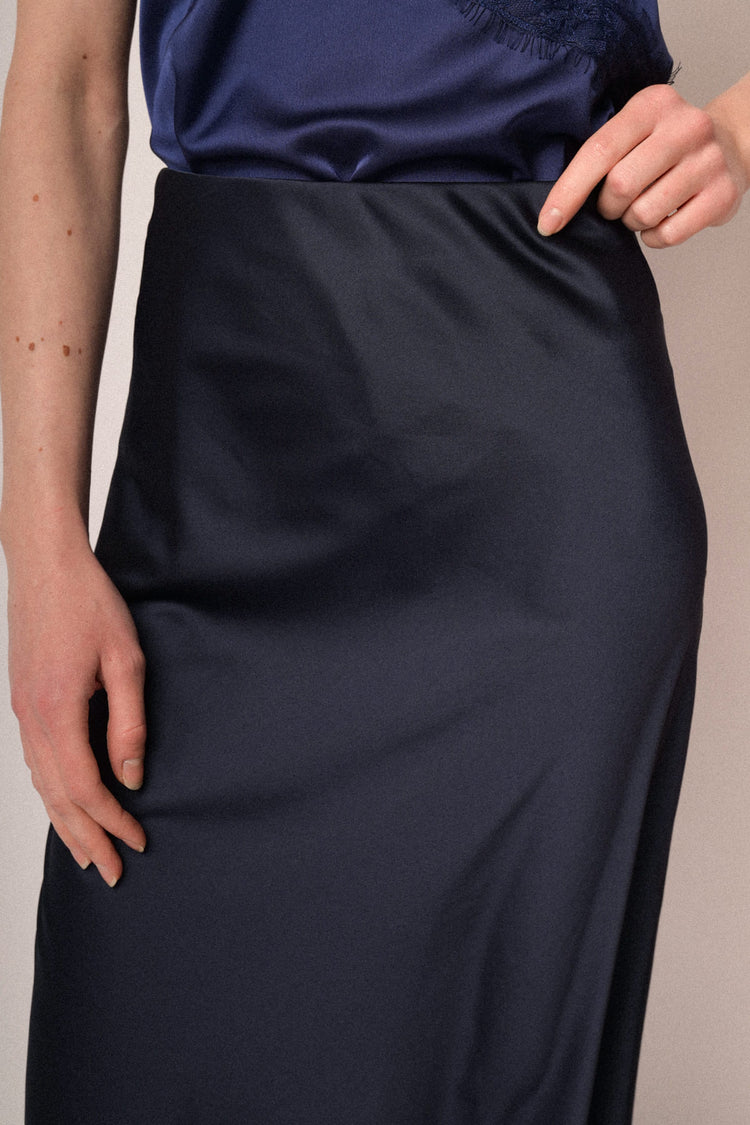 Blue satin midi skirt