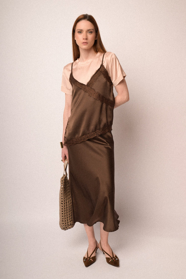 Chocolate satin midi skirt
