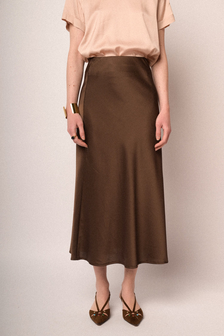 Chocolate satin midi skirt