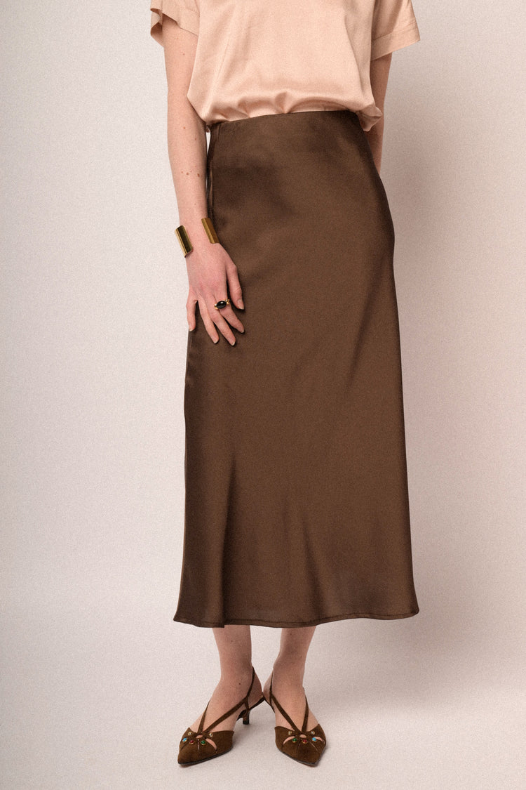 Chocolate satin midi skirt