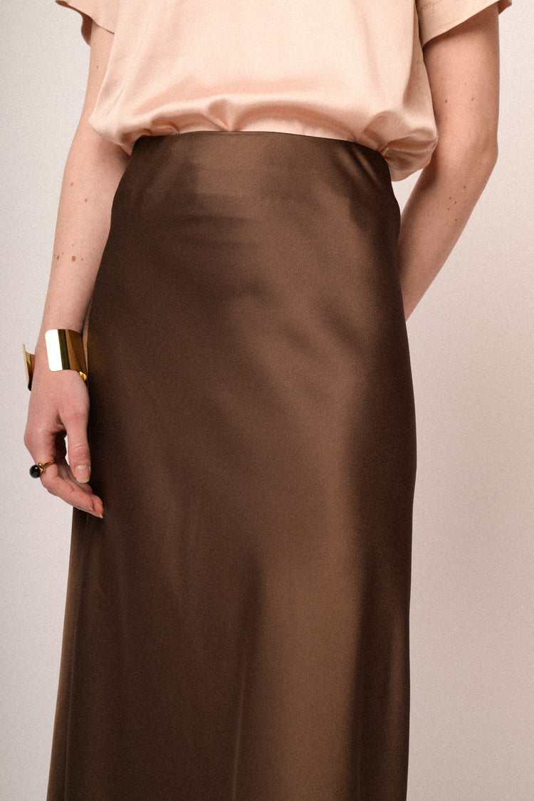Chocolate satin midi skirt