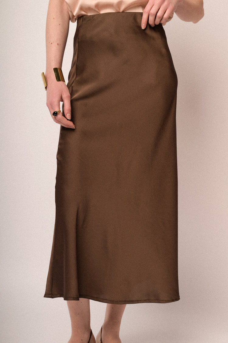 Chocolate satin midi skirt