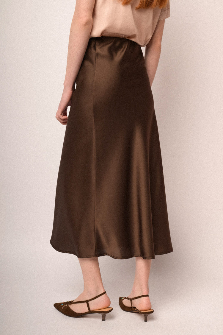 Chocolate satin midi skirt