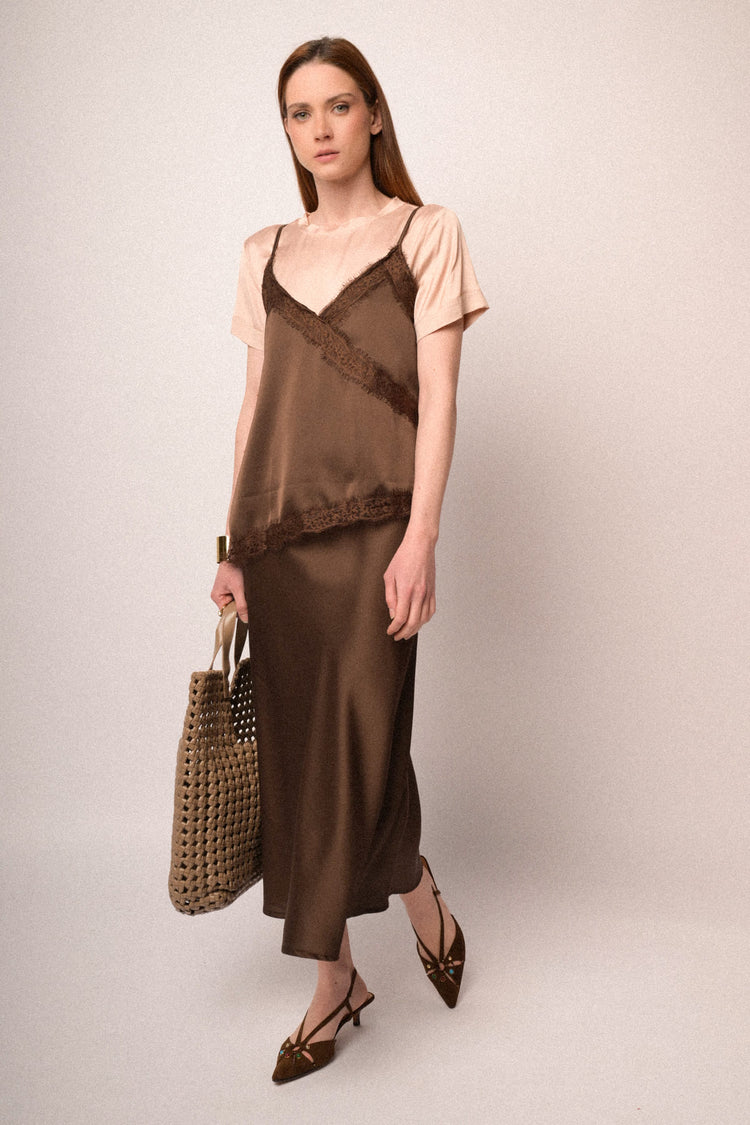Chocolate satin midi skirt