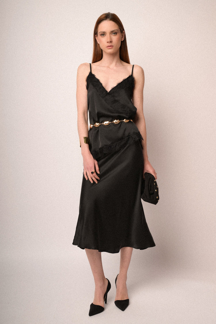 Black satin midi skirt