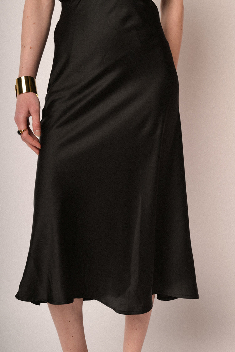 Black satin midi skirt