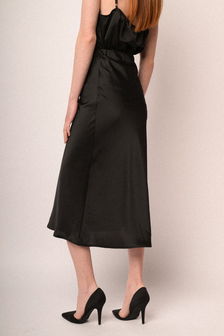 Black satin midi skirt
