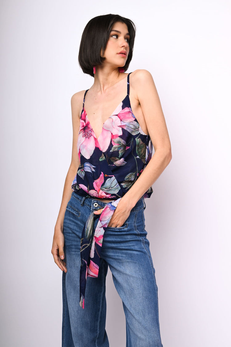 Floral print bow-detail wrap top