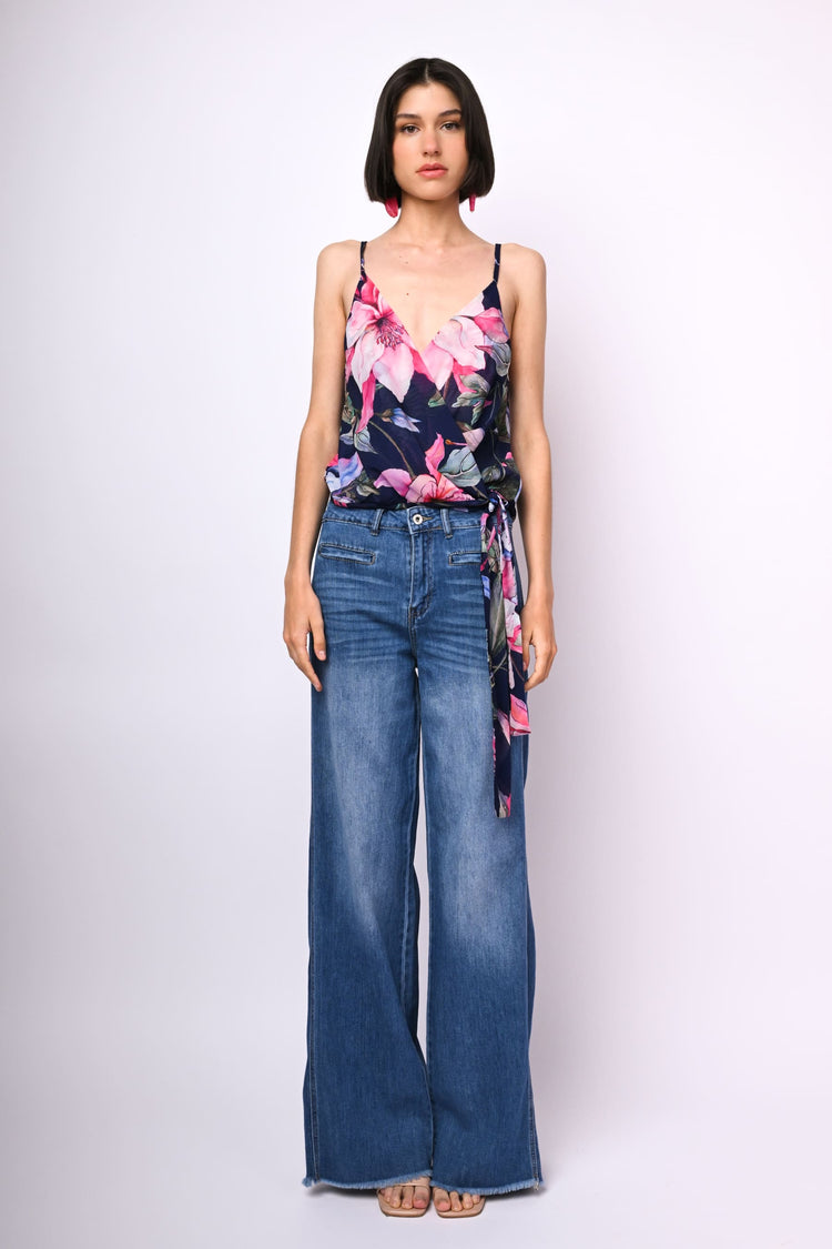 Floral print bow-detail wrap top