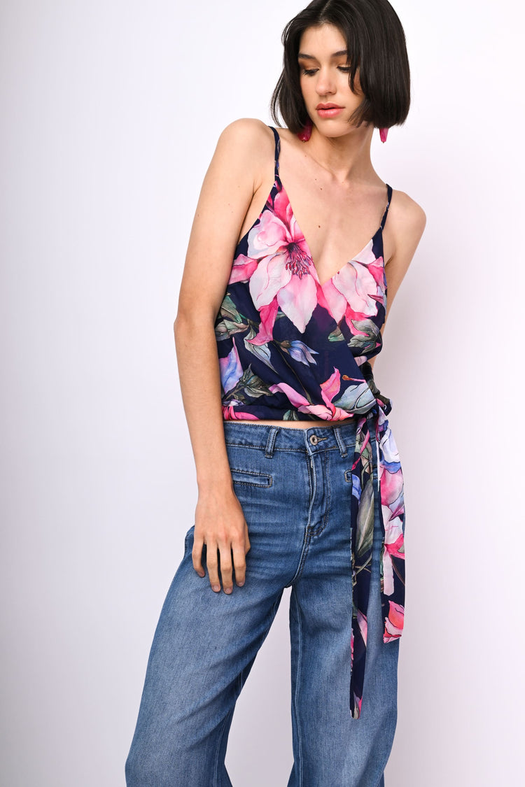 Floral print bow-detail wrap top