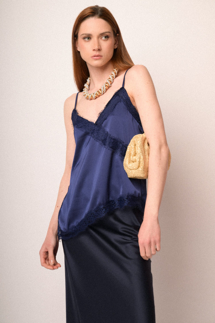 Blue lace-trimmed satin camisole