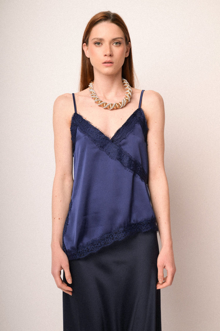 Blue lace-trimmed satin camisole