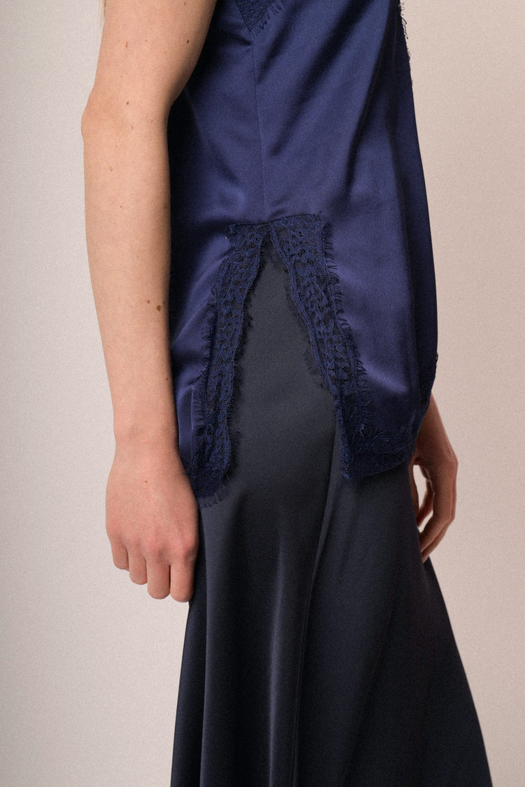 Blue lace-trimmed satin camisole