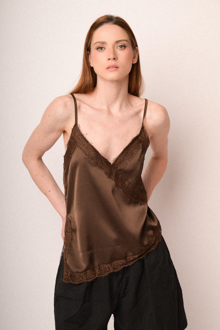 Chocolate lace-trimmed satin camisole