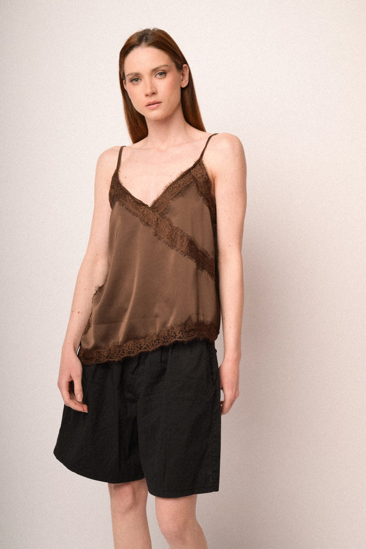 Chocolate lace-trimmed satin camisole