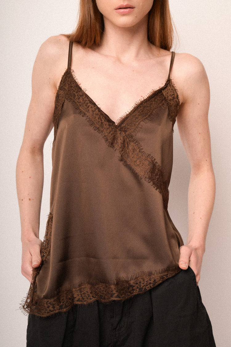 Chocolate lace-trimmed satin camisole