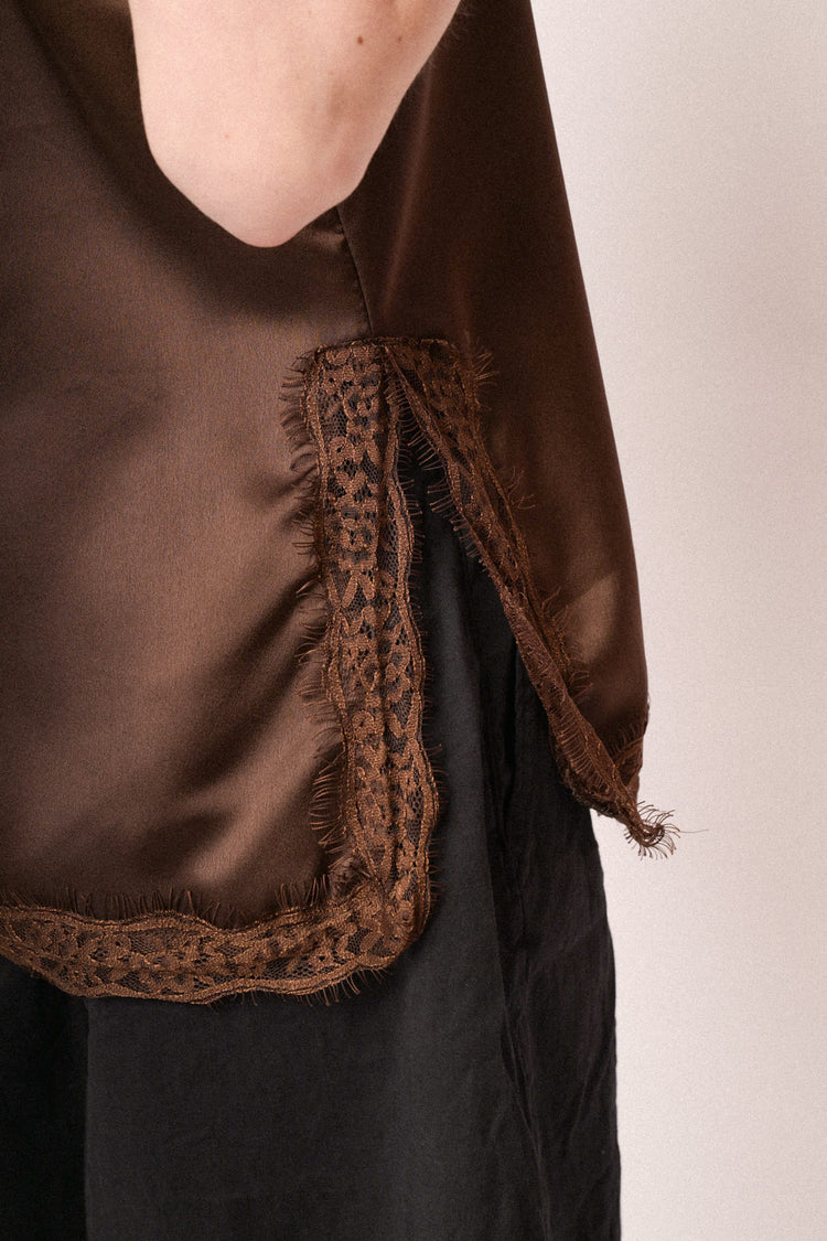 Chocolate lace-trimmed satin camisole