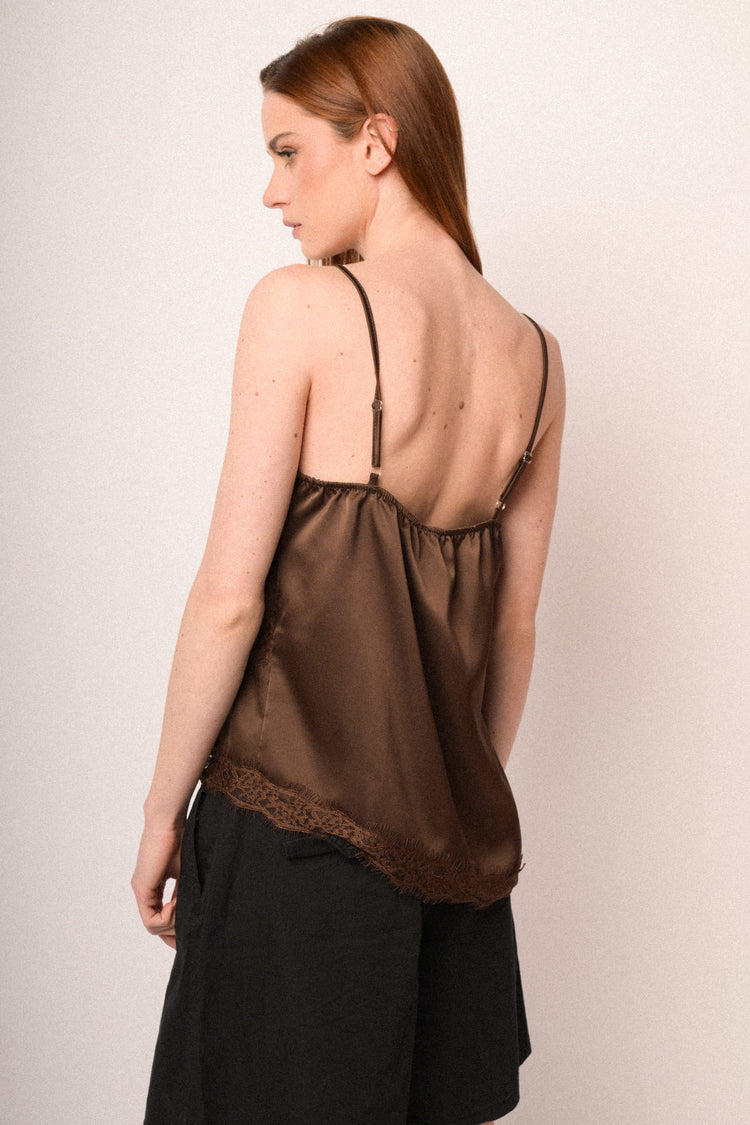 Chocolate lace-trimmed satin camisole