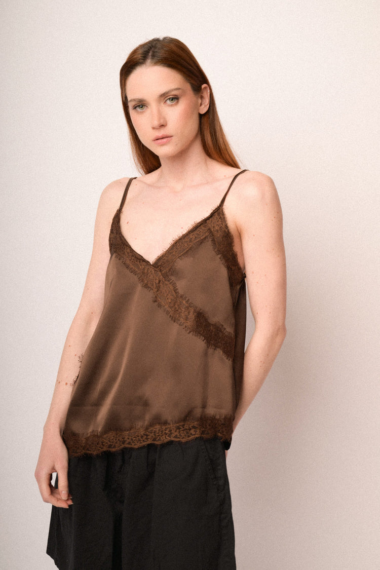 Chocolate lace-trimmed satin camisole