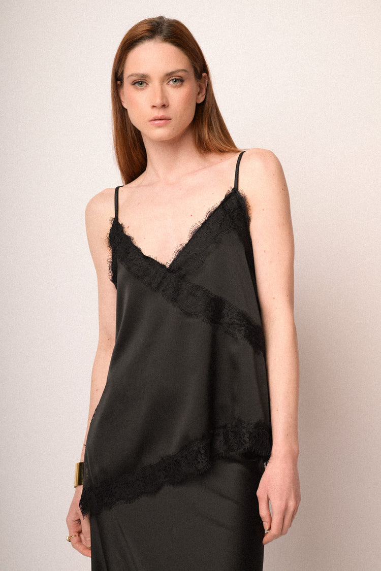 Black lace-trimmed satin camisole