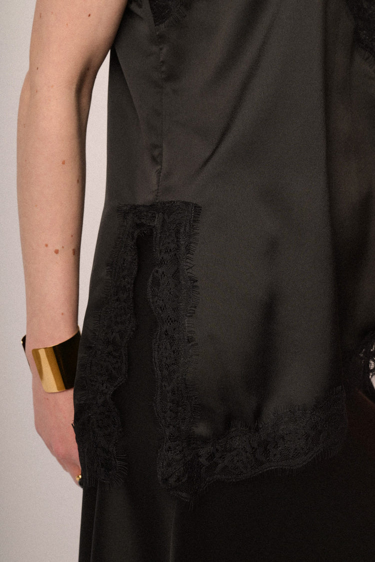 Black lace-trimmed satin camisole