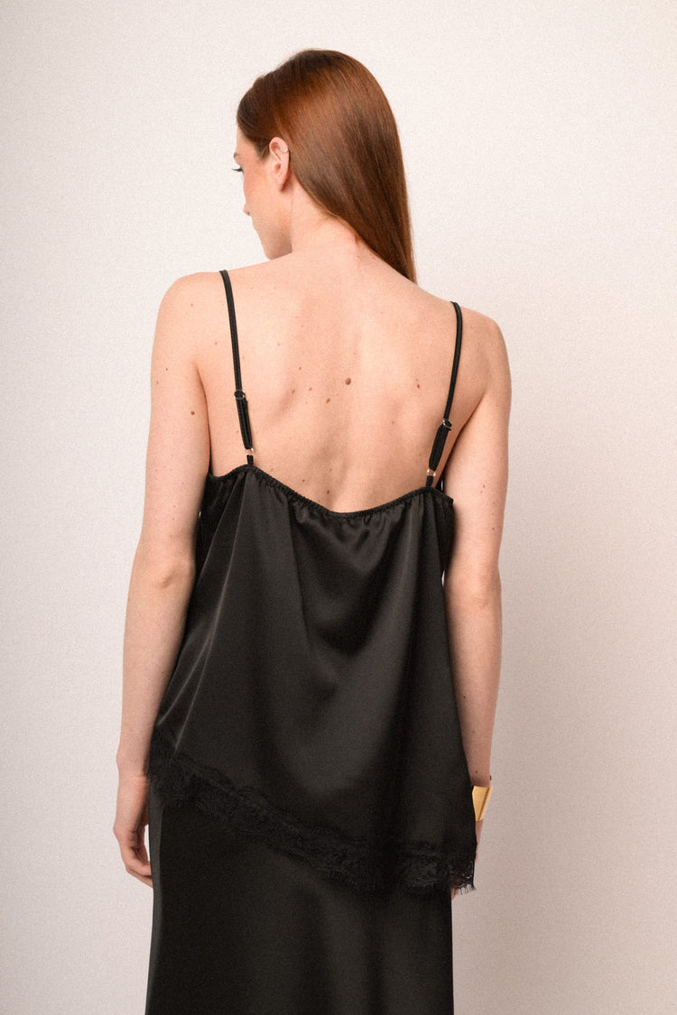 Black lace-trimmed satin camisole