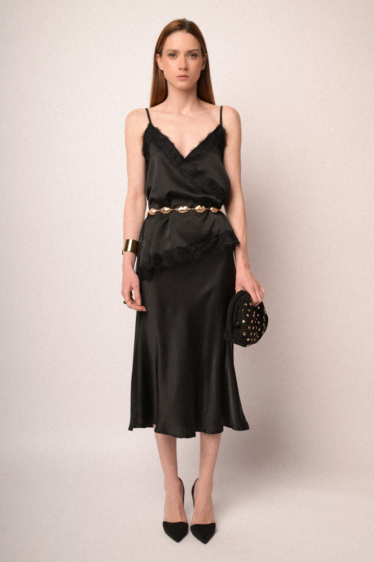 Black lace-trimmed satin camisole
