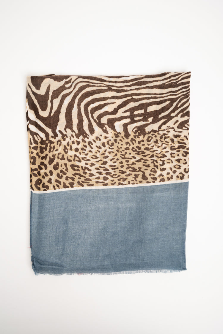Denim blue band and animalier print scarf