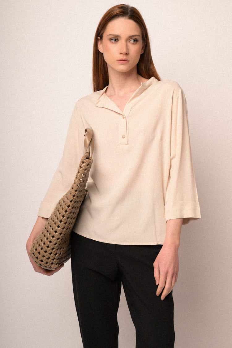 Beige viscose henley collar blouse
