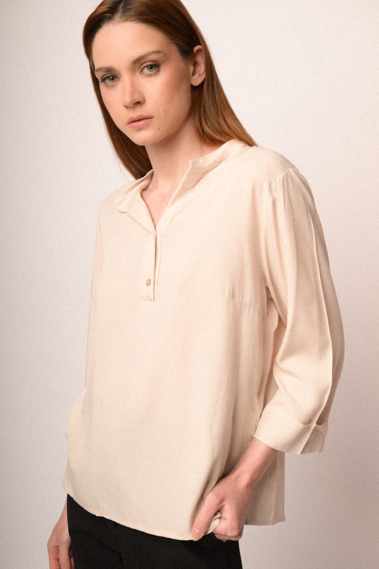 Beige viscose henley collar blouse