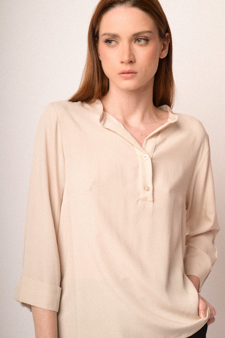 Beige viscose henley collar blouse