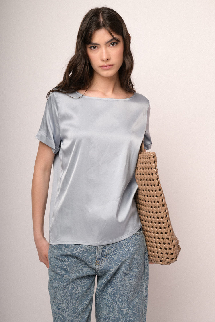 Sky blue satin viscose t-shirt