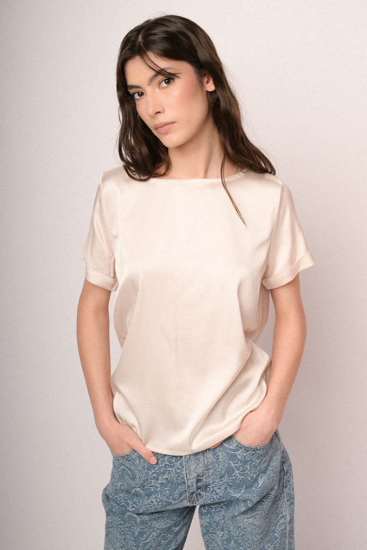 Ivory satin viscose t-shirt