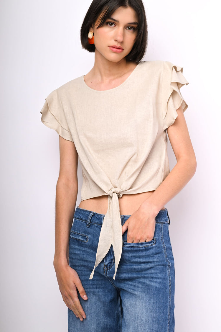 Knot linen-blend top