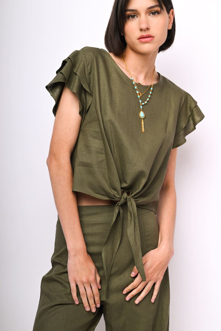Knot linen-blend top