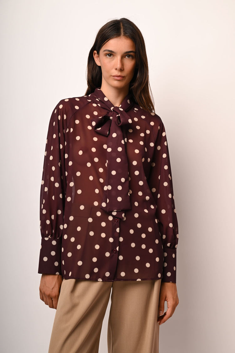 Polka dot pussy-pow-neck blouse