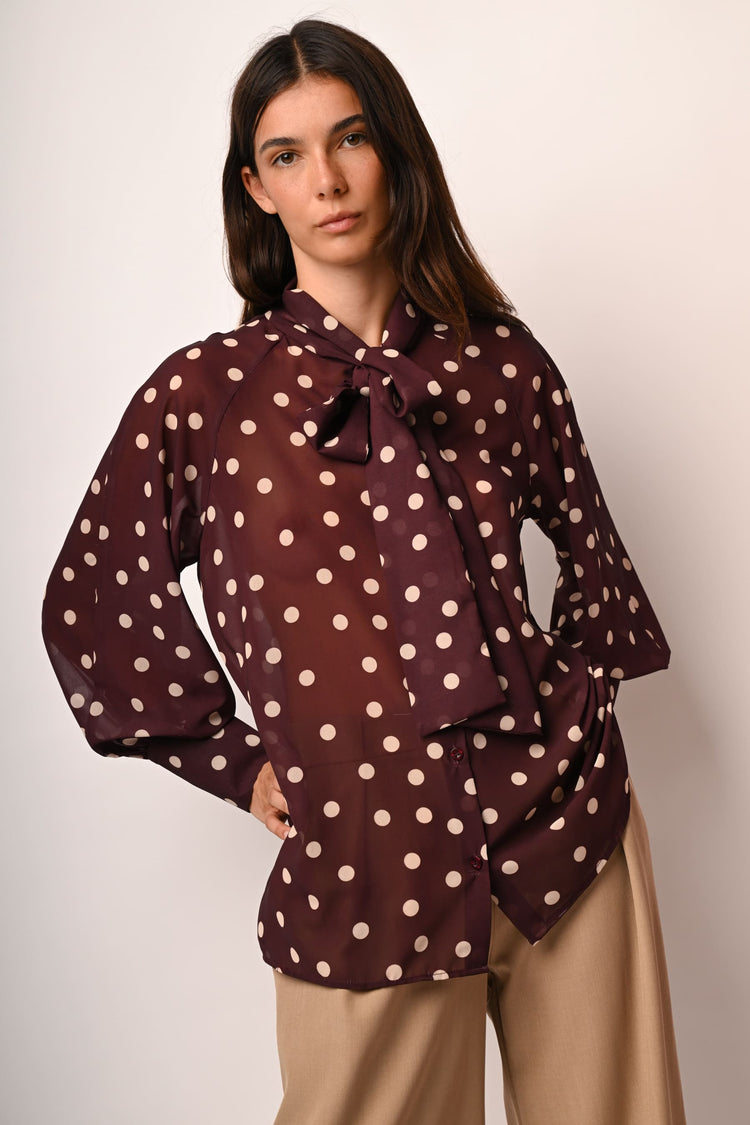 Polka dot pussy-pow-neck blouse