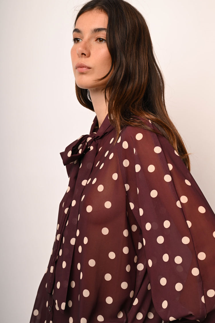 Polka dot pussy-pow-neck blouse