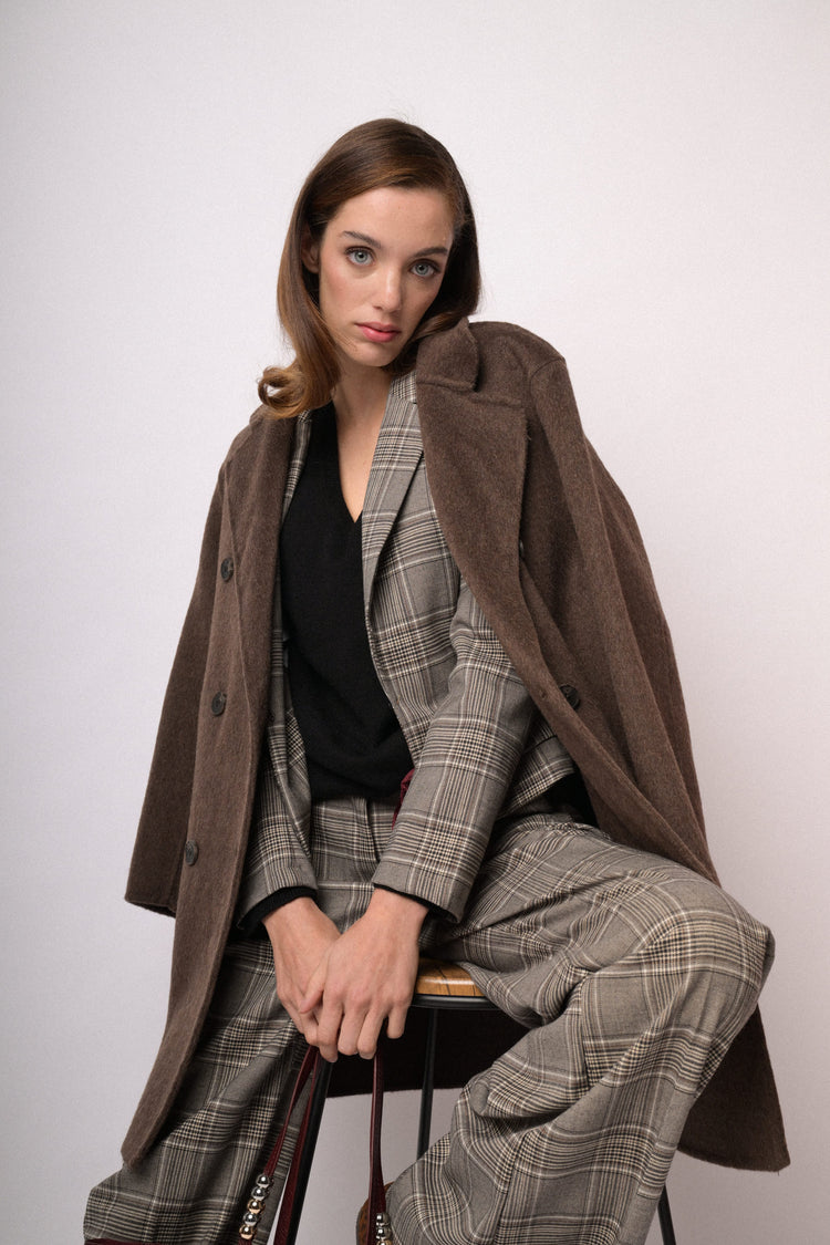 Dark brown double-breasted wool-blend coat