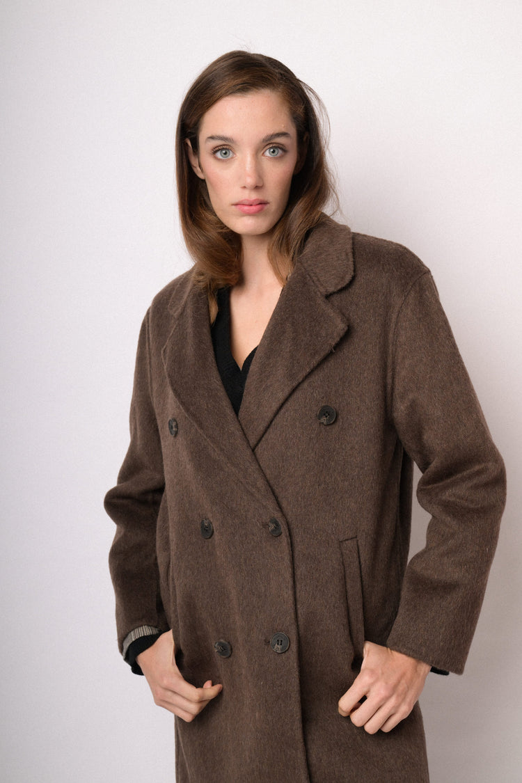 Dark brown double-breasted wool-blend coat