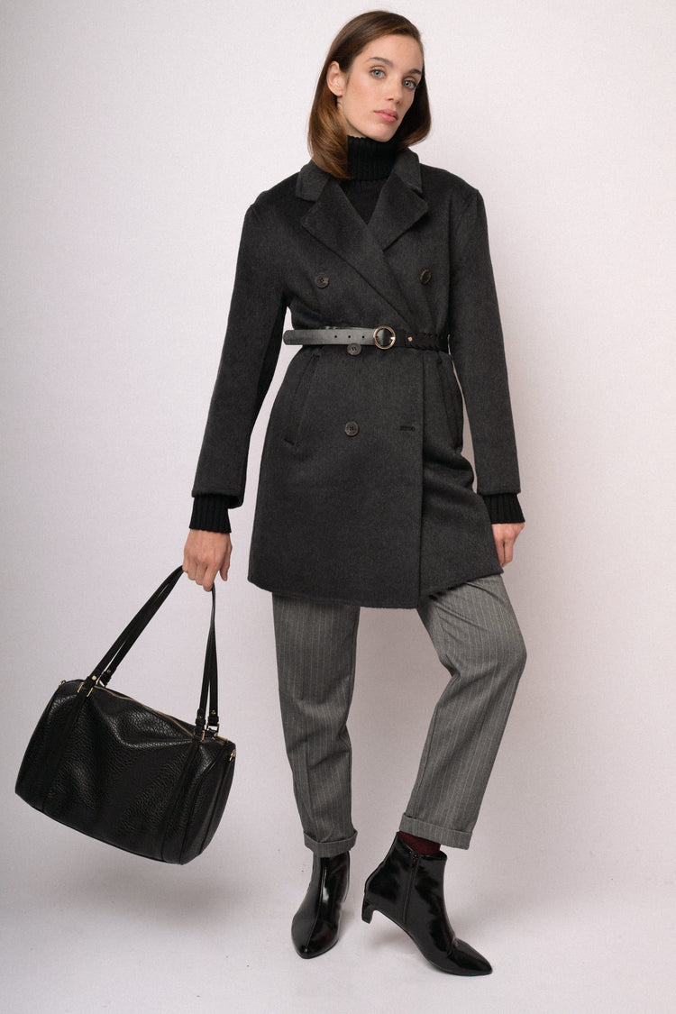 Black double-breasted wool-blend coat