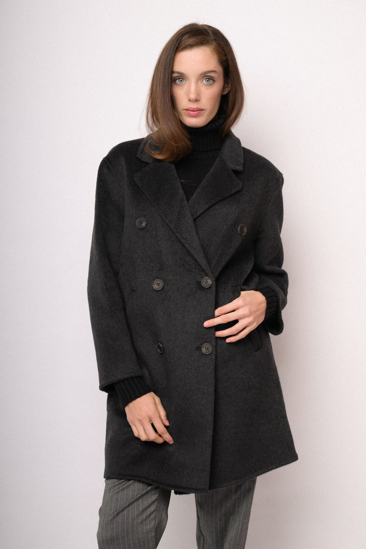 Black double-breasted wool-blend coat